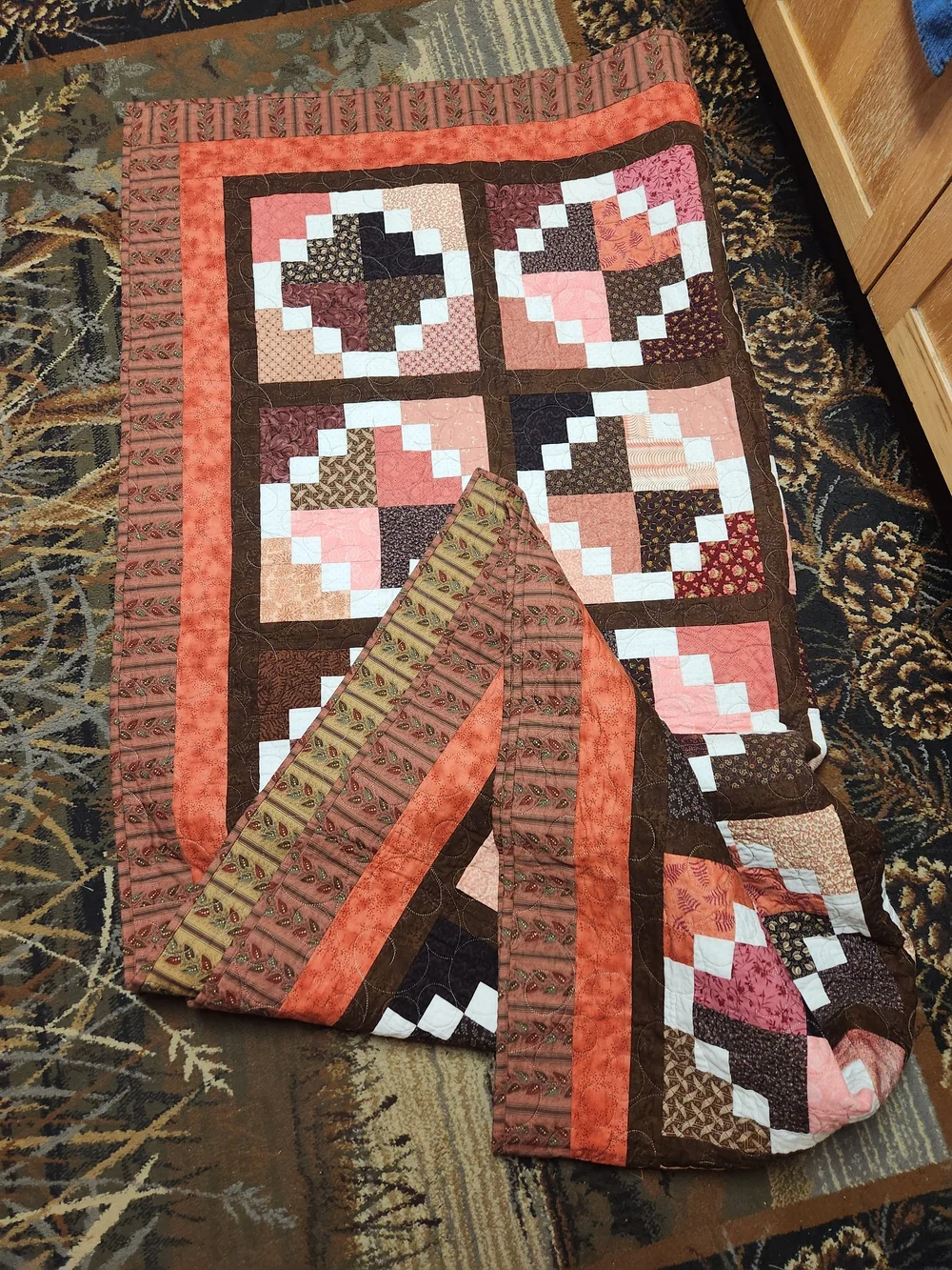 Handmade Quilt in Coral, Pink and Brown - Home Bedding Quilts